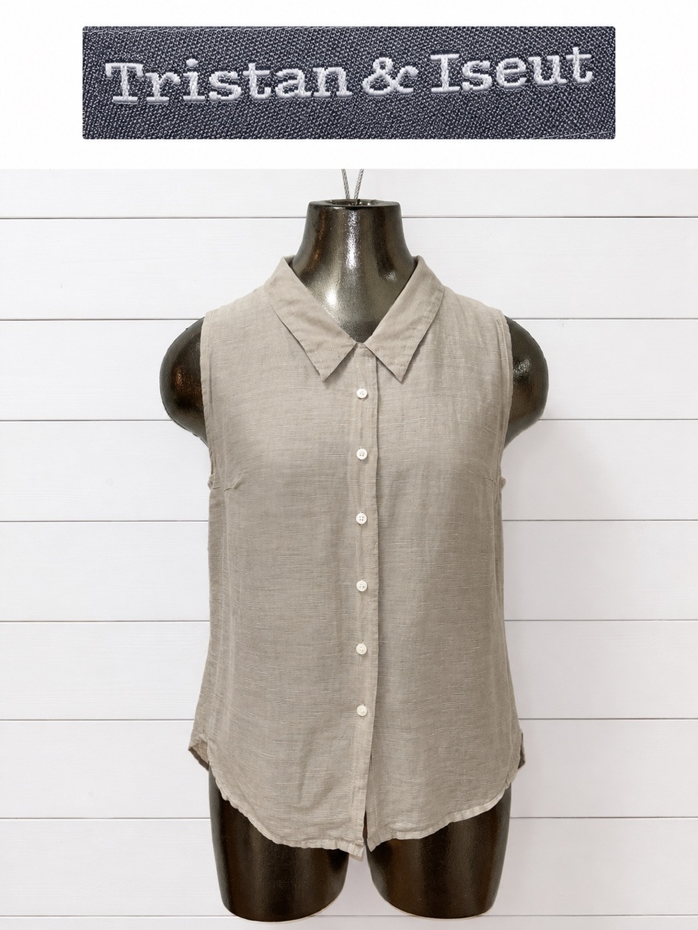 Vintage Tristan & Iseut Silk Linen Sleeveless Blouse – Beige – Size S